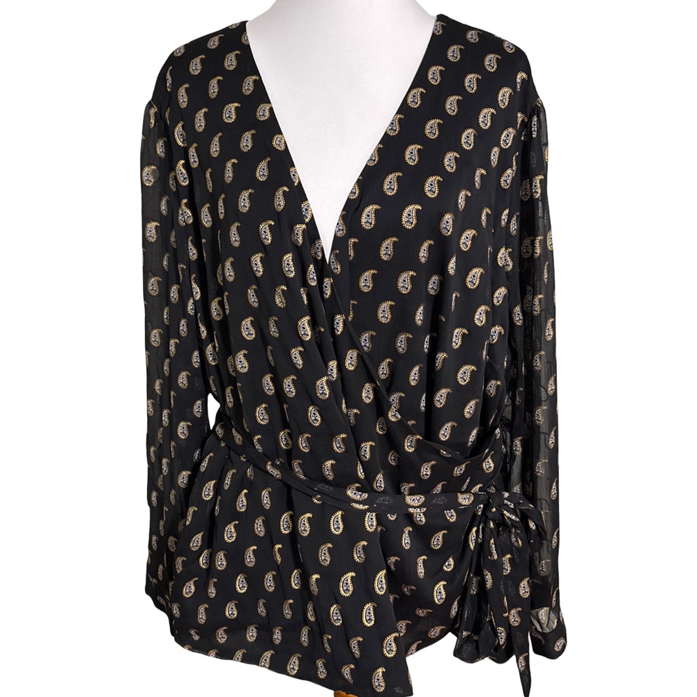 INC International Concepts Black Paisley Wrap Blouse
